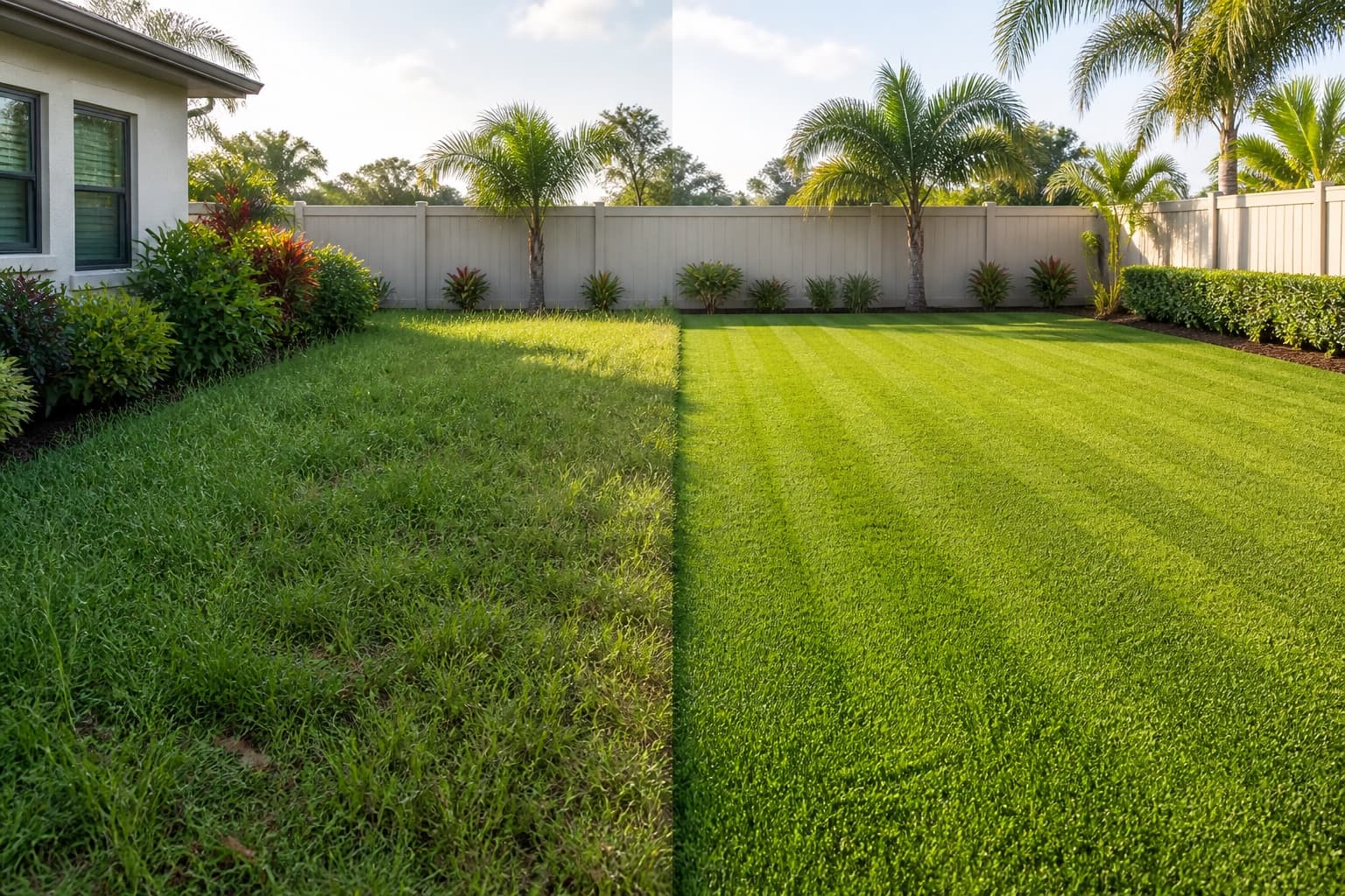 The same South Florida backyard before Hibe with tall grass and after Hibe with a freshly cut lawn